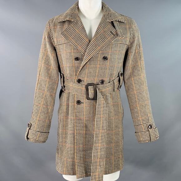 40 Beige Multi Color Houndstooth Wool Double Breasted Belted Trenchcoat - Picture 1 of 10